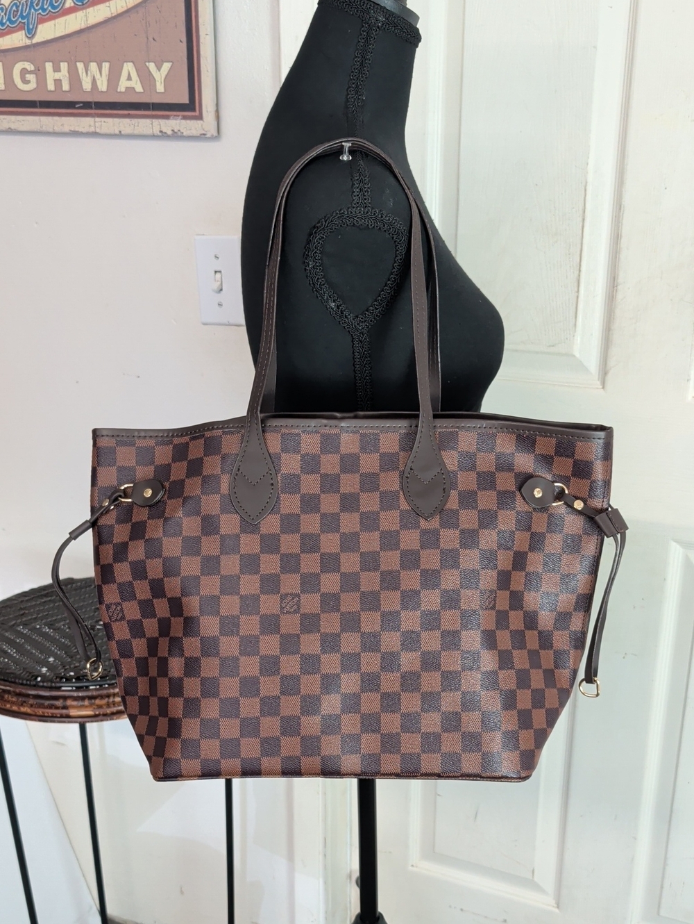 Brown Checkered Tote Shoulder Bag - Unbranded